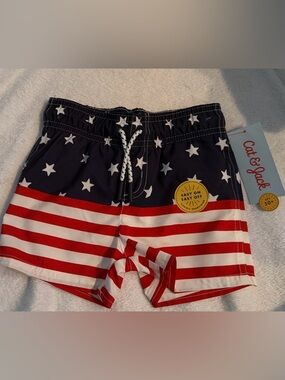Cat & Jack Navy and White Lined Swim Trunks 18 Months